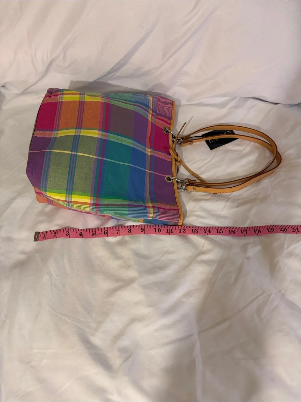 Lauren Ralph Lauren Madras Preppy Plaid Tote with Tan Leather Handles NWT